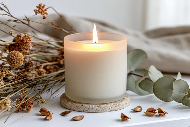 Lit cream soy candle in frosted glass jar on stone coaster surrounded by dried flowers and eucalyptus leaves on white surface