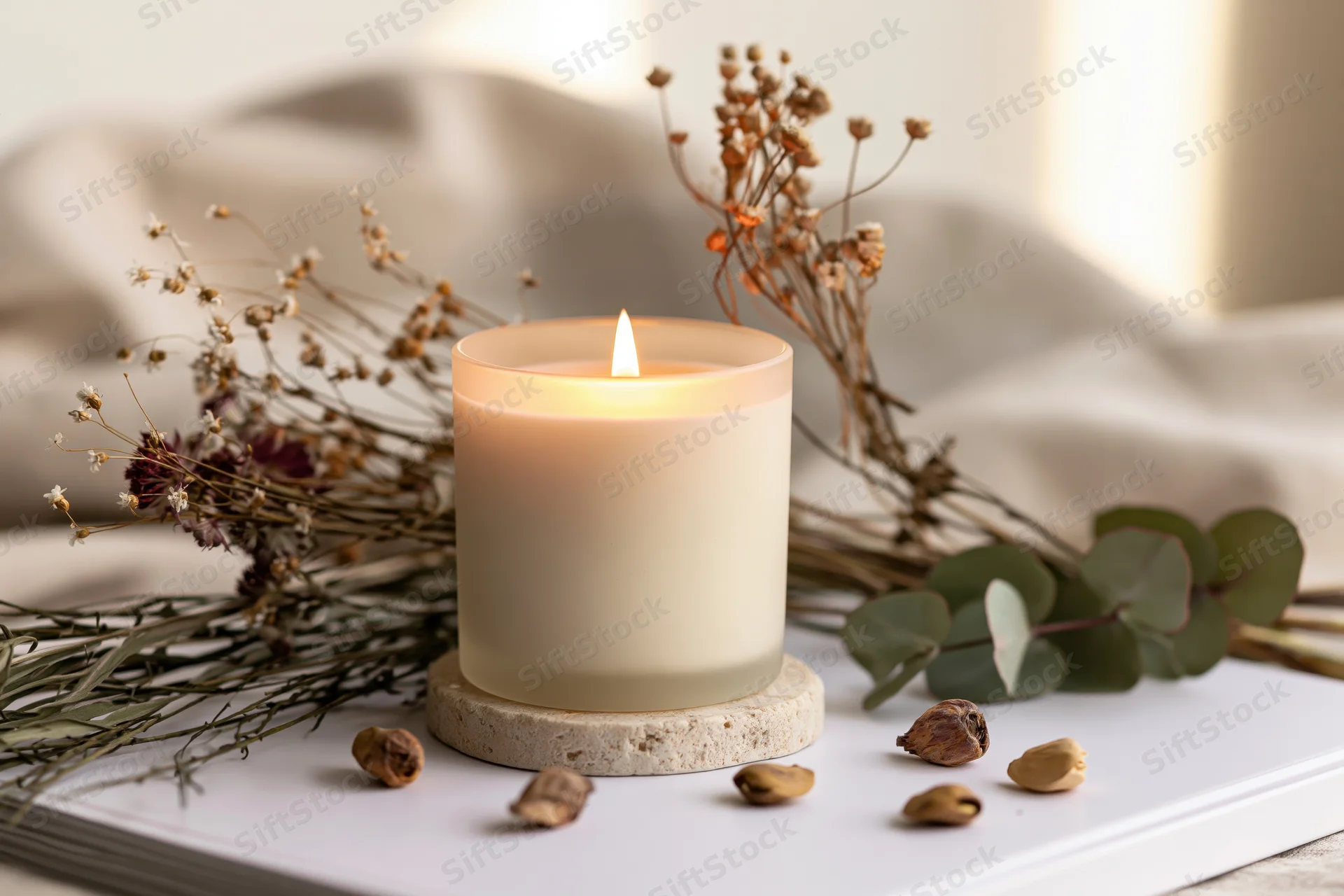 Lit cream soy candle in frosted glass jar on stone coaster surrounded by dried flowers and nuts on white tray