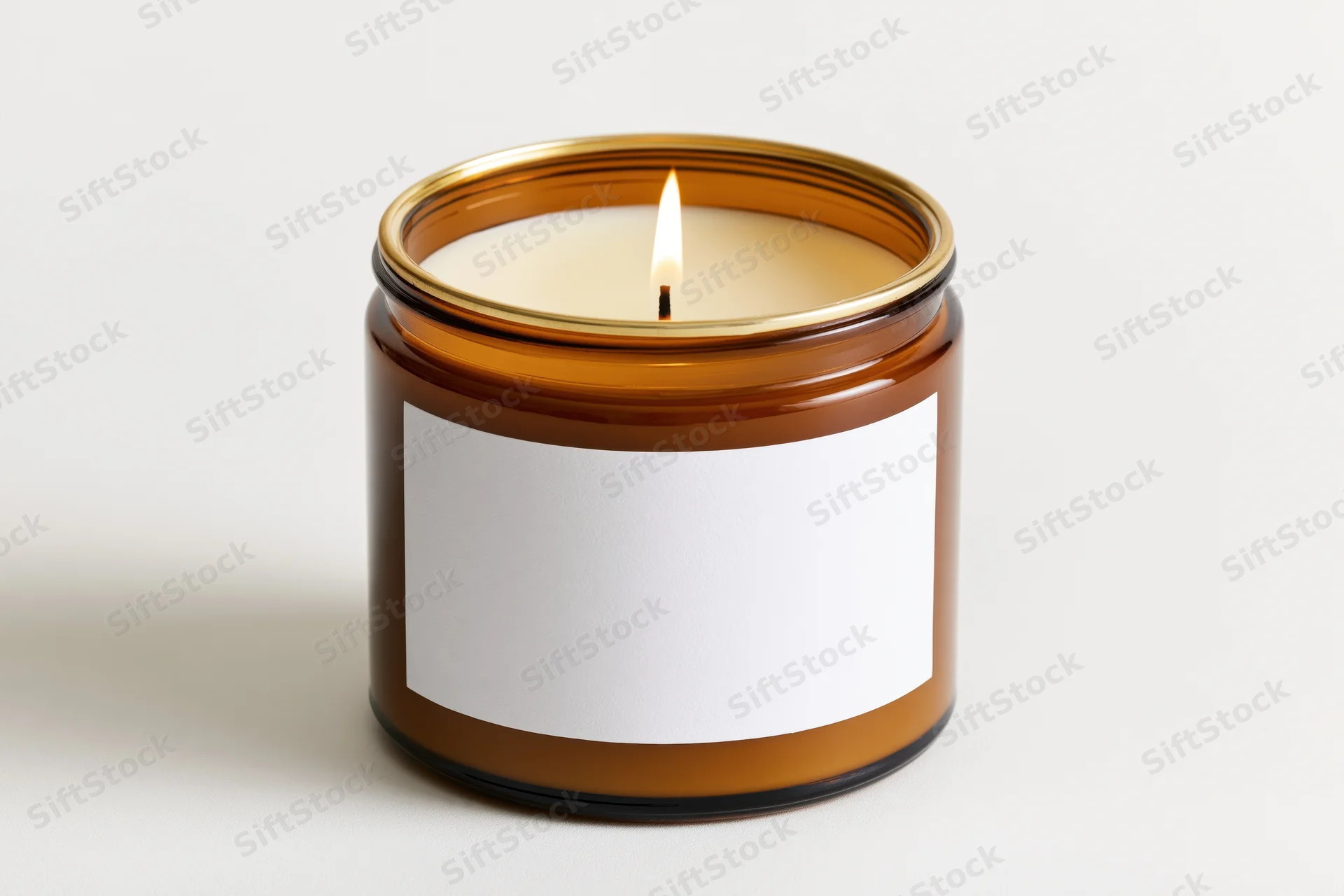 Lit scented candle in amber glass jar with blank white label on white background
