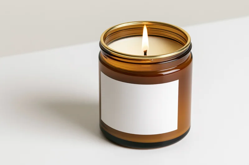 Lit scented candle in amber glass jar with blank white label on white surface