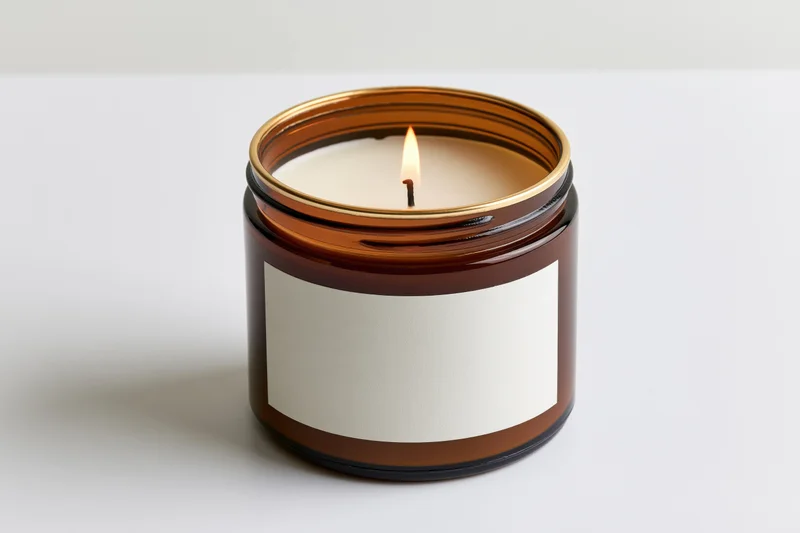 Lit scented candle in amber glass jar with blank label on white surface