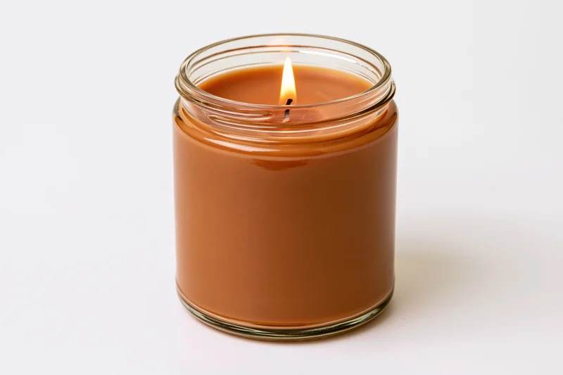 Lit soy candle in clear glass jar with warm amber-brown wax on white background