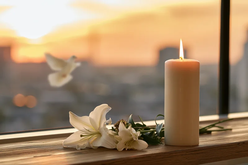 Lit white candle and white lilies on a wooden windowsill at sunset with city view