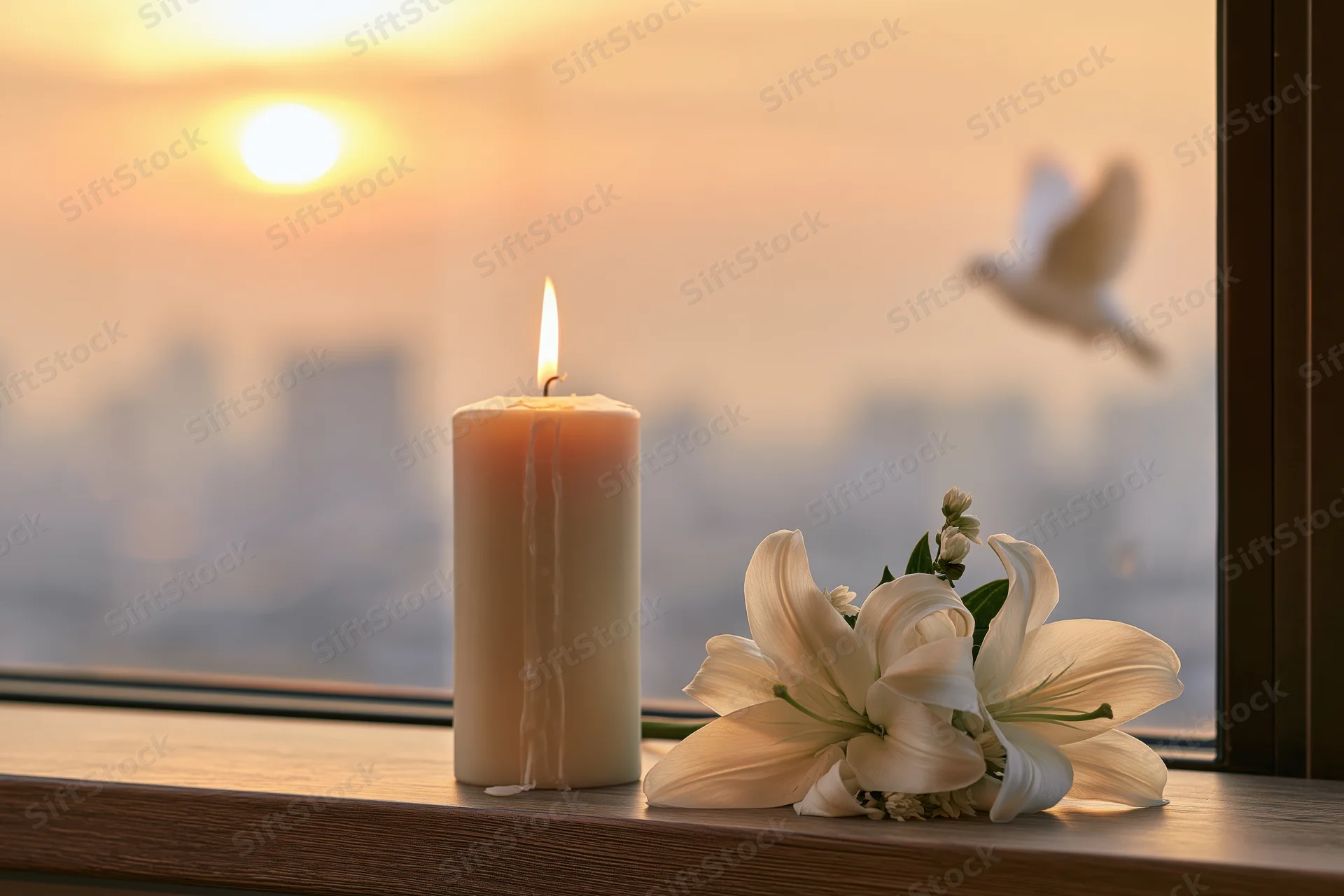 Lit white pillar candle and white lilies on a windowsill at sunset