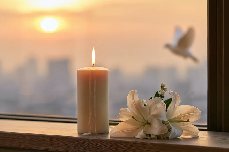 Lit white pillar candle and white lilies on a windowsill at sunset