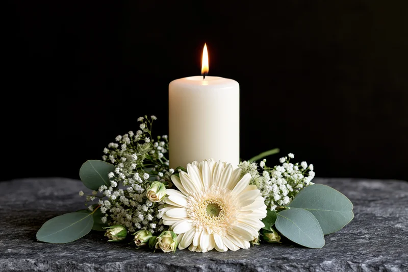 Lit white pillar candle surrounded by white gerbera daisies and greenery on dark stone surface