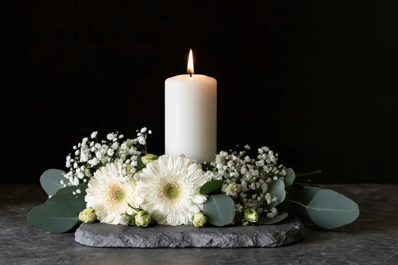 Lit white pillar candle surrounded by white gerbera daisies and greenery on a slate stone base against a dark background