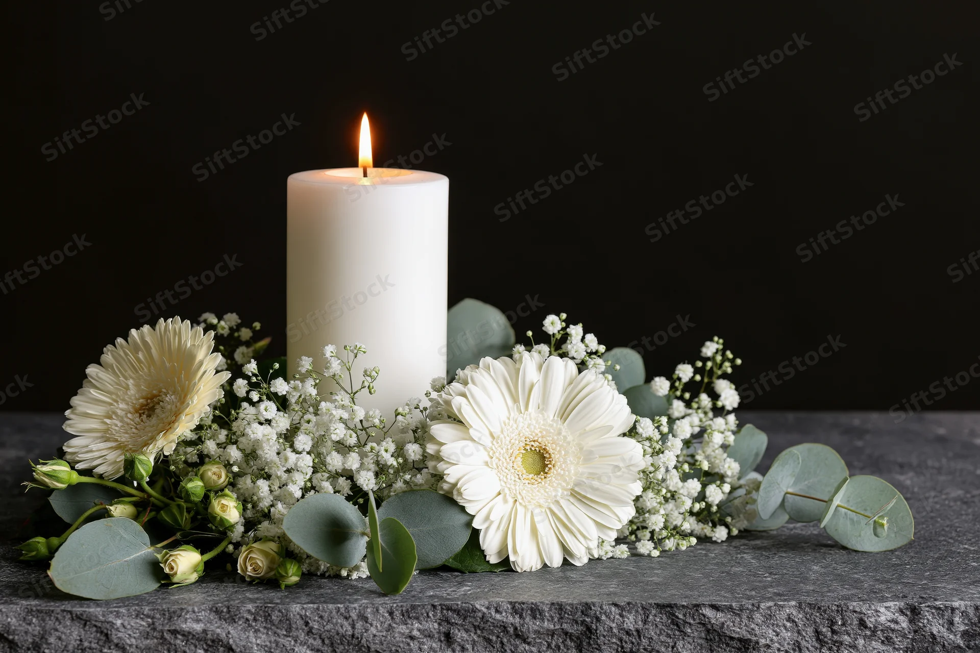 Lit white pillar candle surrounded by white gerbera daisies and greenery on dark stone surface