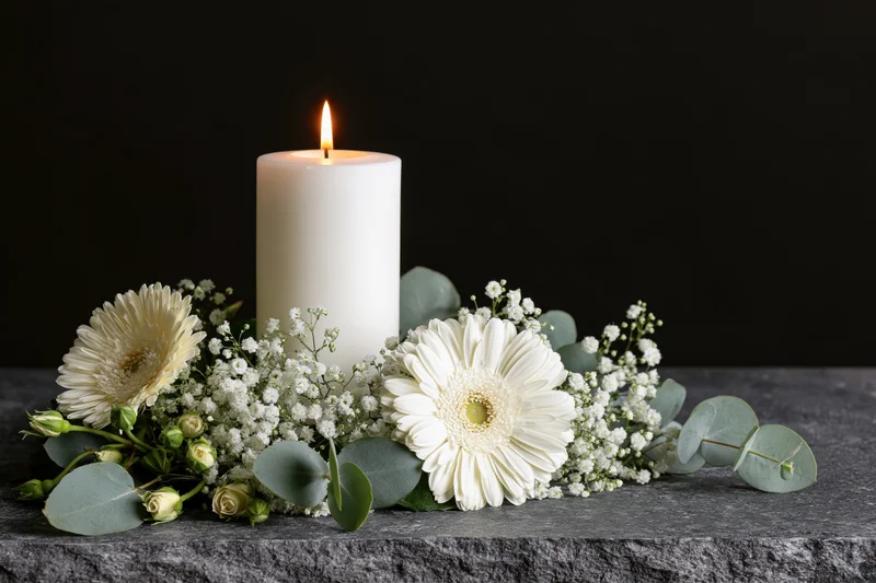 Lit white pillar candle surrounded by white gerbera daisies and greenery on dark stone surface