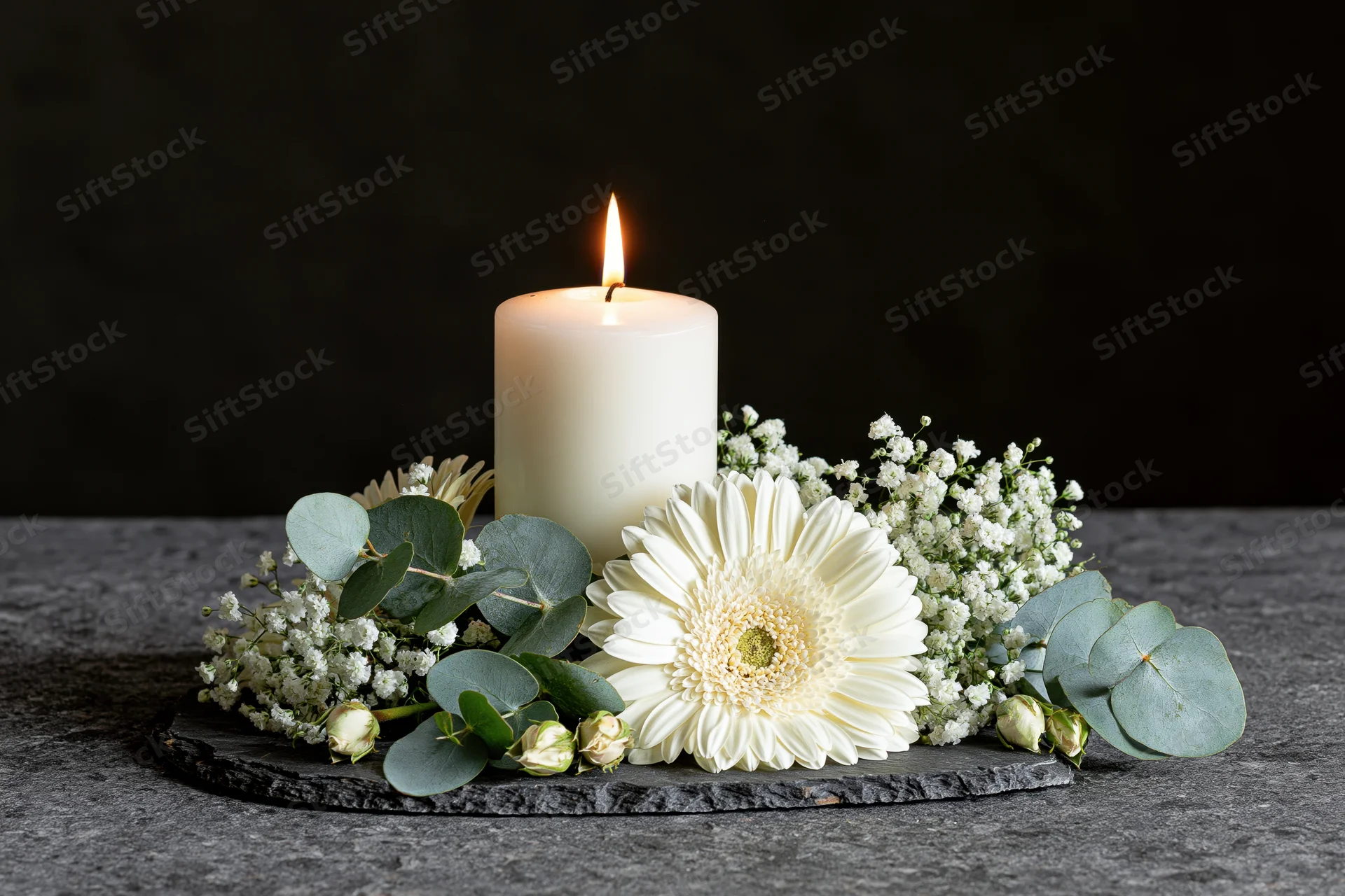 Lit white pillar candle surrounded by white gerbera daisies and greenery on a dark stone surface