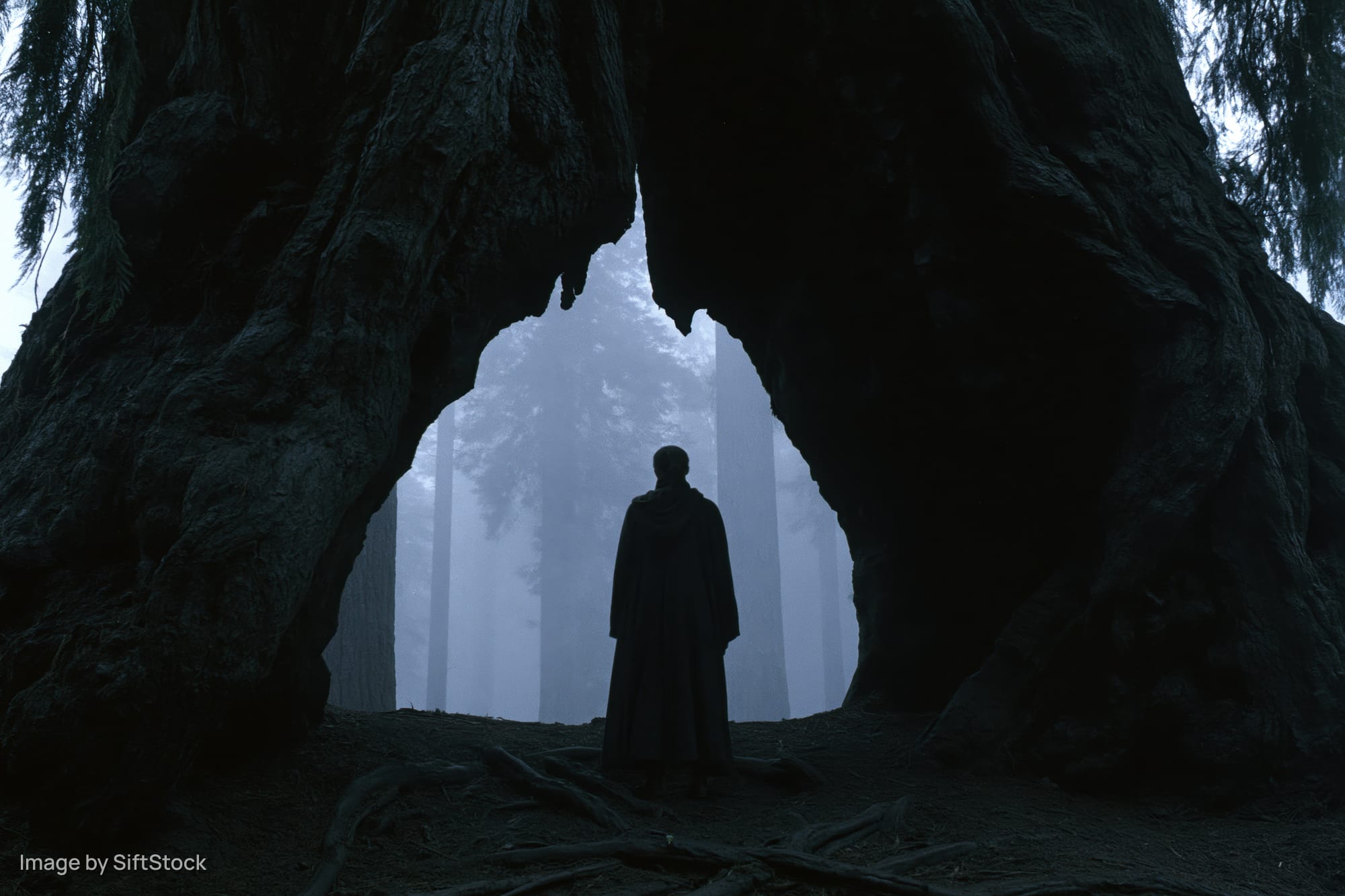 Silhouette of a lone figure standing still inside a natural archway formed by giant tree trunks in a foggy forest