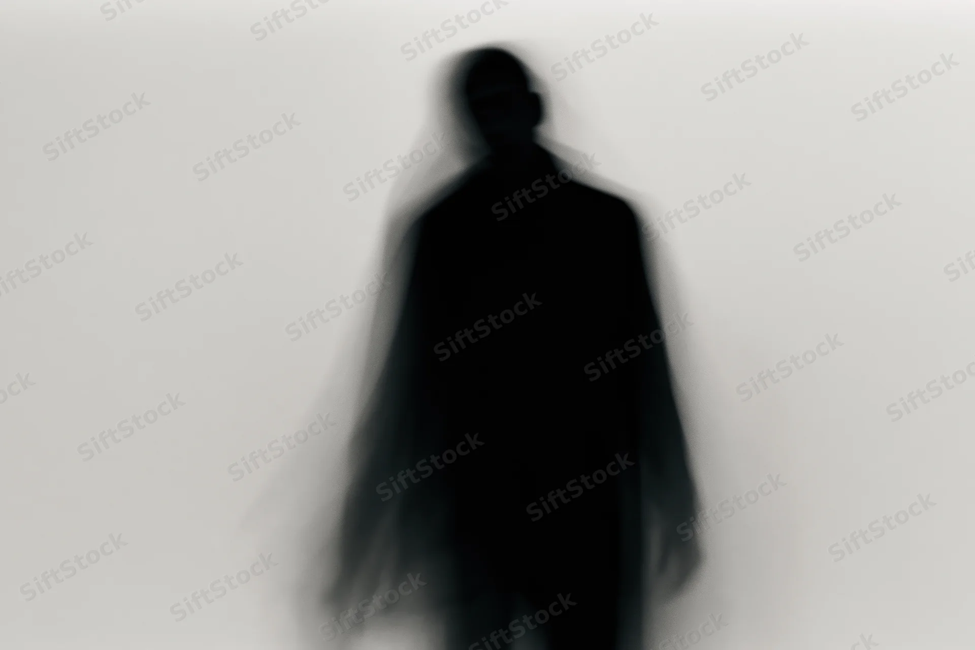 Blurred silhouette of a standing figure against a plain light background