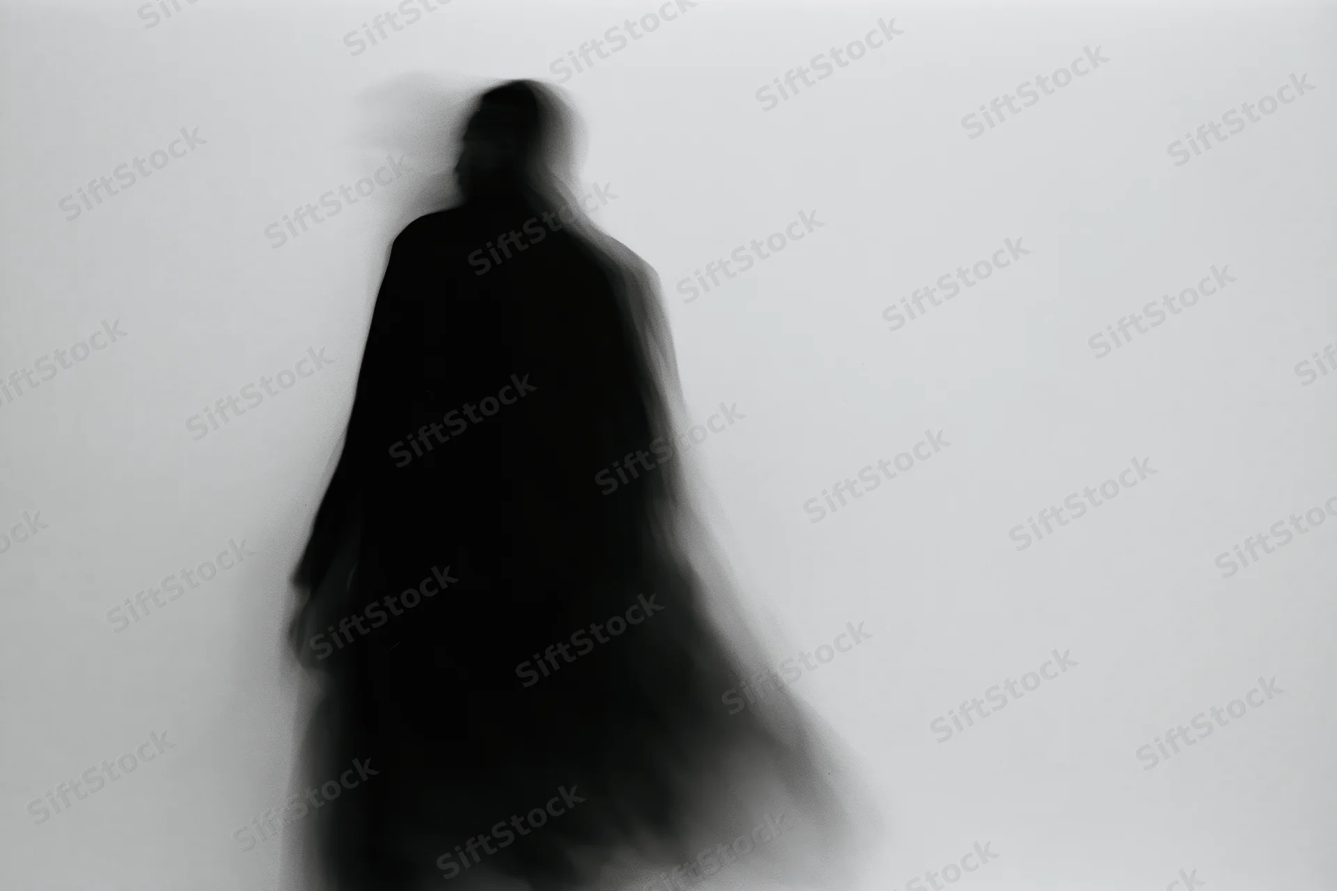 Blurred silhouette of a figure standing against a plain light background