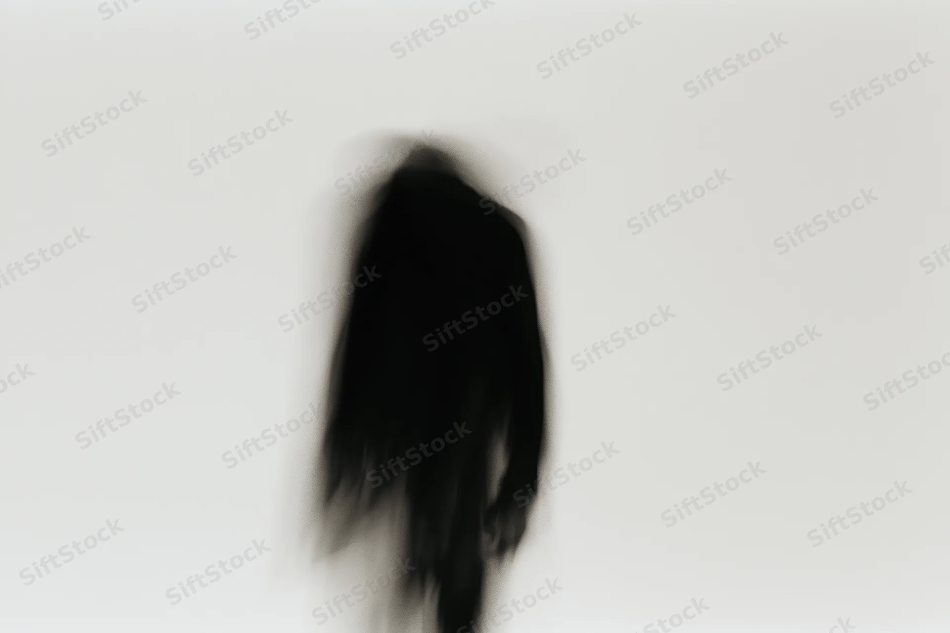 Blurred silhouette of a standing figure against a plain light background