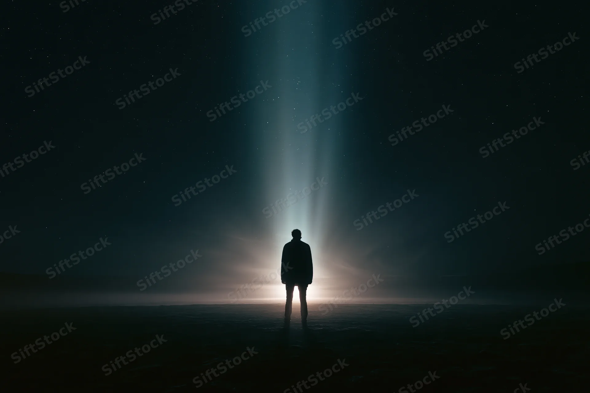 Silhouette of a person standing alone facing a glowing beam of light in a dark starry night landscape