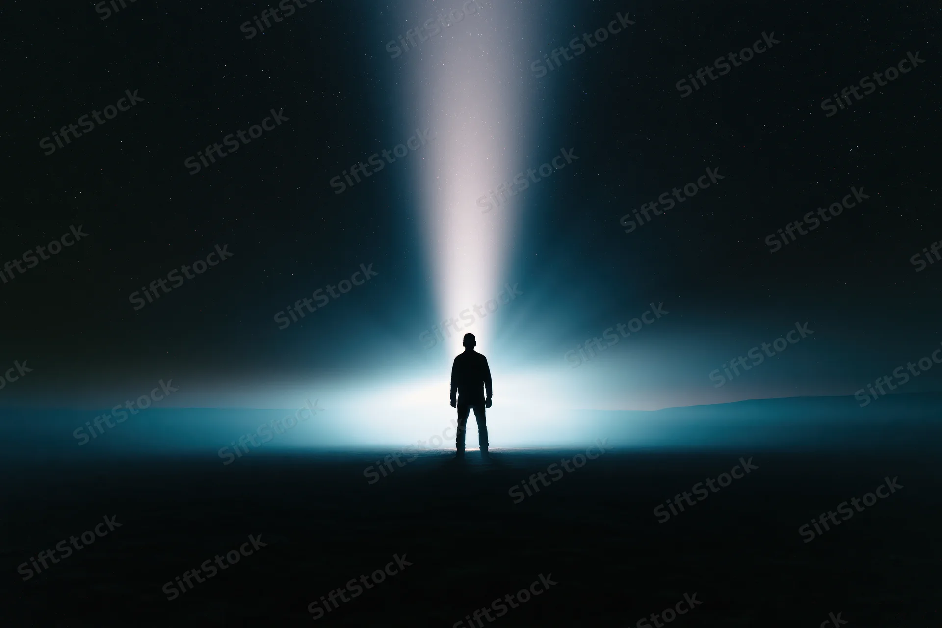 Silhouette of a man standing alone in a dark landscape under a beam of light at night