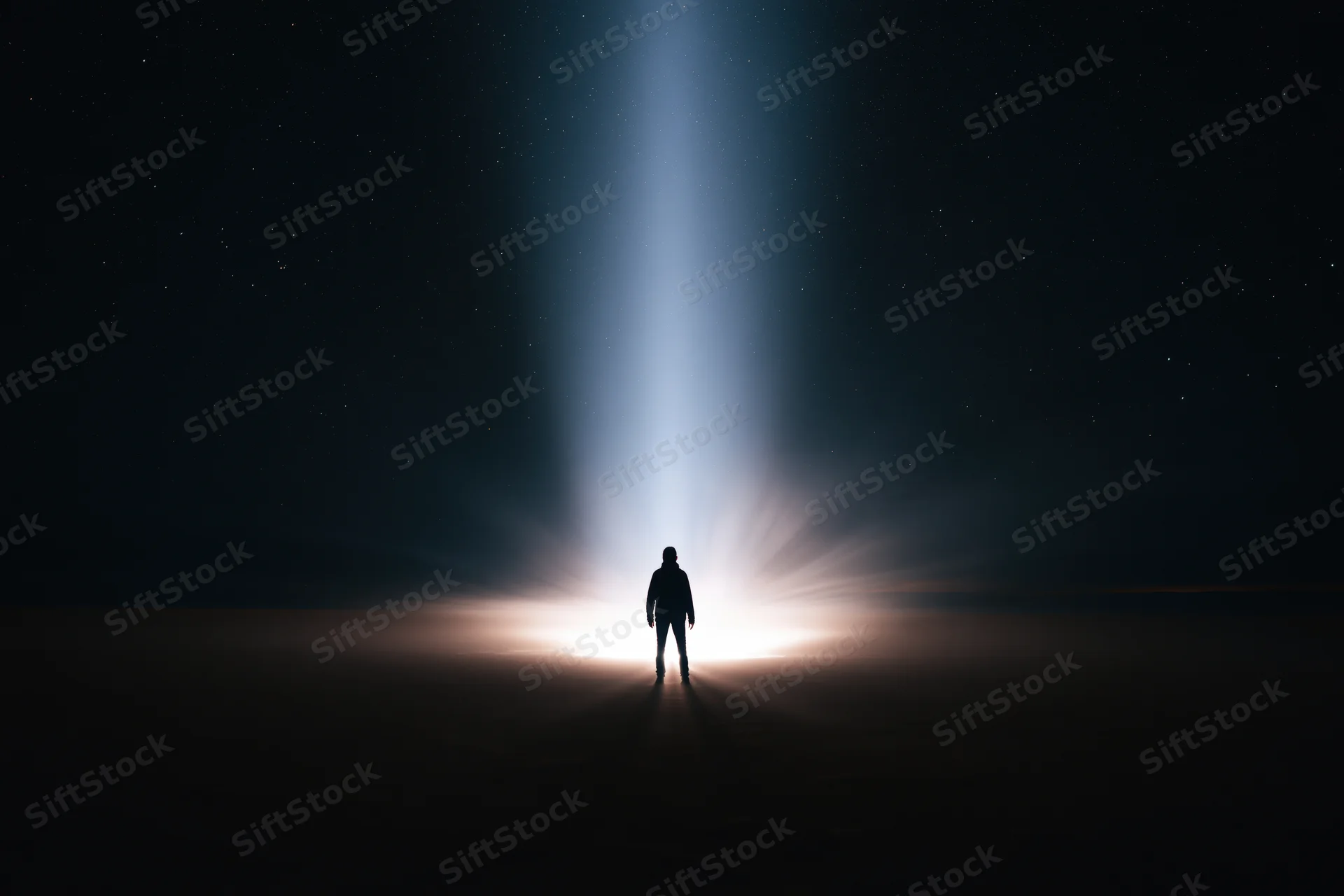 Silhouette of a person standing alone in the dark under a vertical beam of light at night
