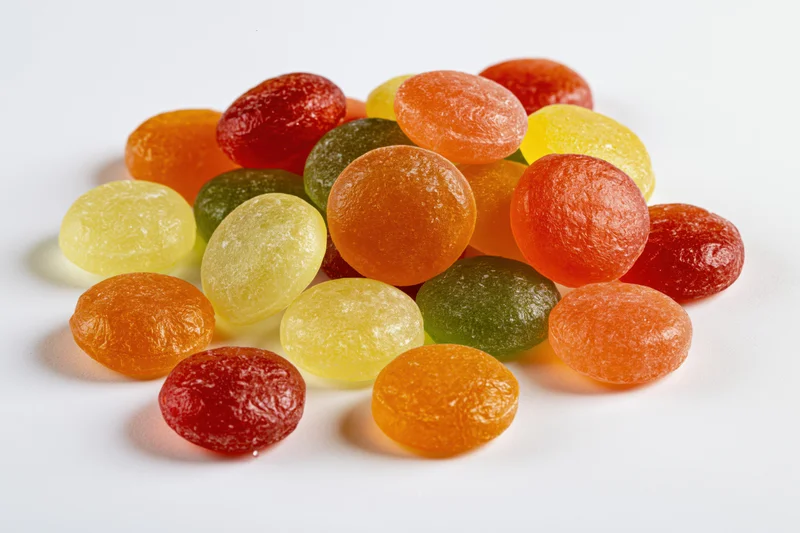 Colorful hard candy drops scattered in a pile on a white background