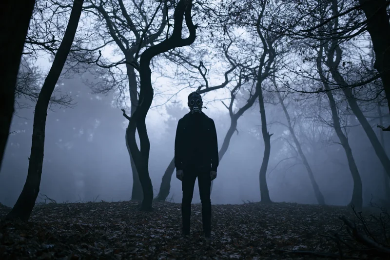 Masked figure standing motionless in foggy forest at twilight