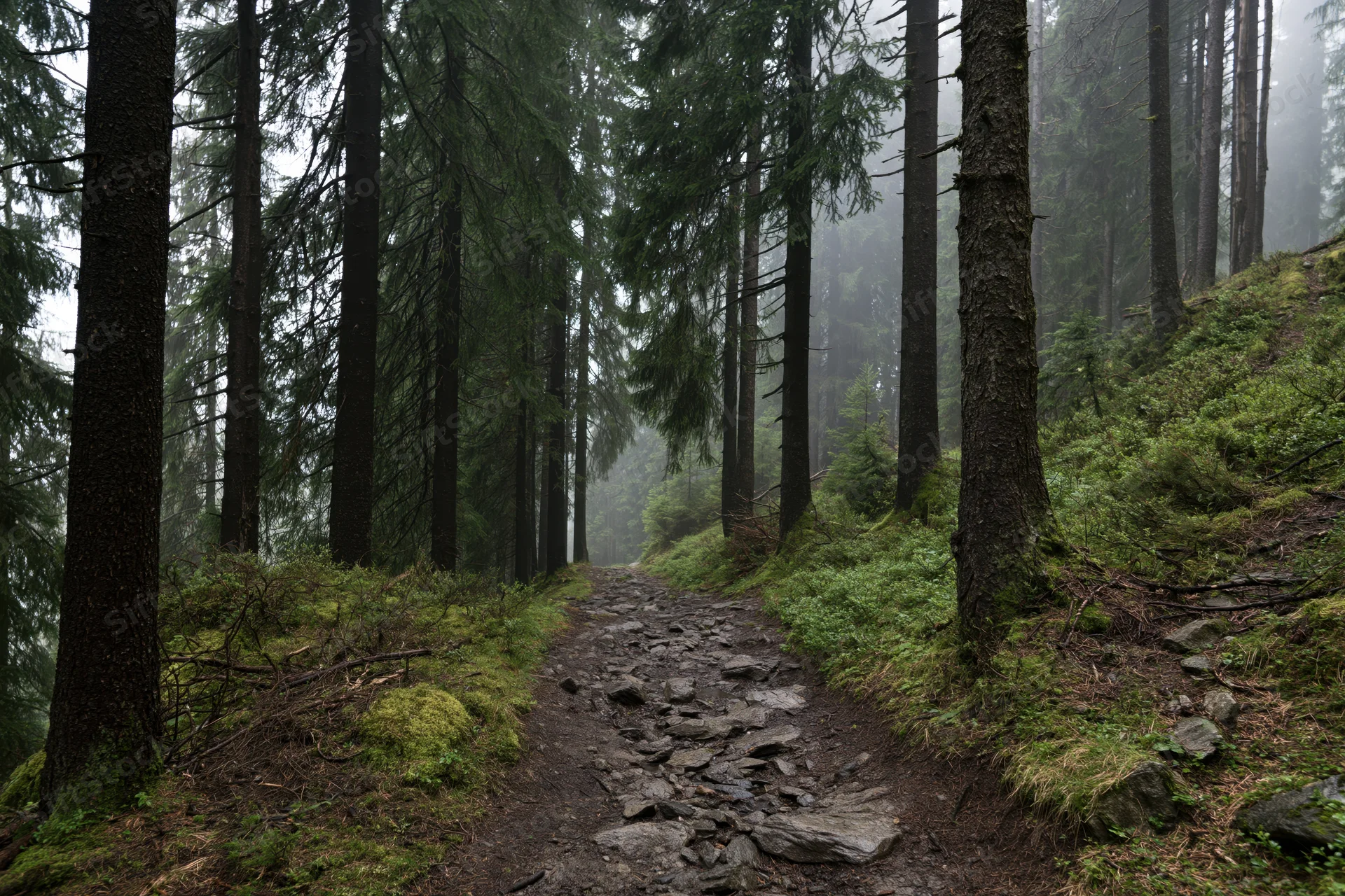 Narrow rocky dirt trail winding through dense alpine spruce forest in foggy weather