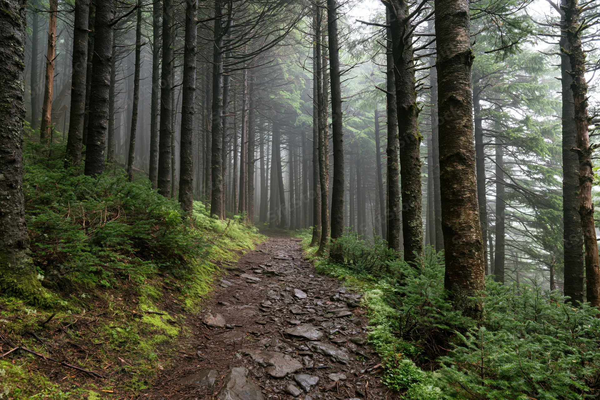 Narrow rocky dirt trail winding through dense alpine spruce forest in fog