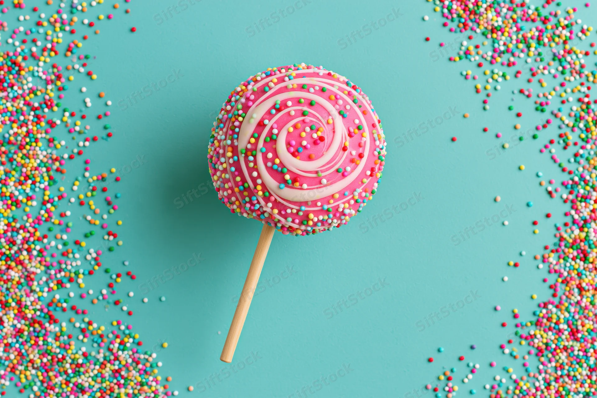 Pink cake pop with colorful sprinkles on wooden stick against turquoise background