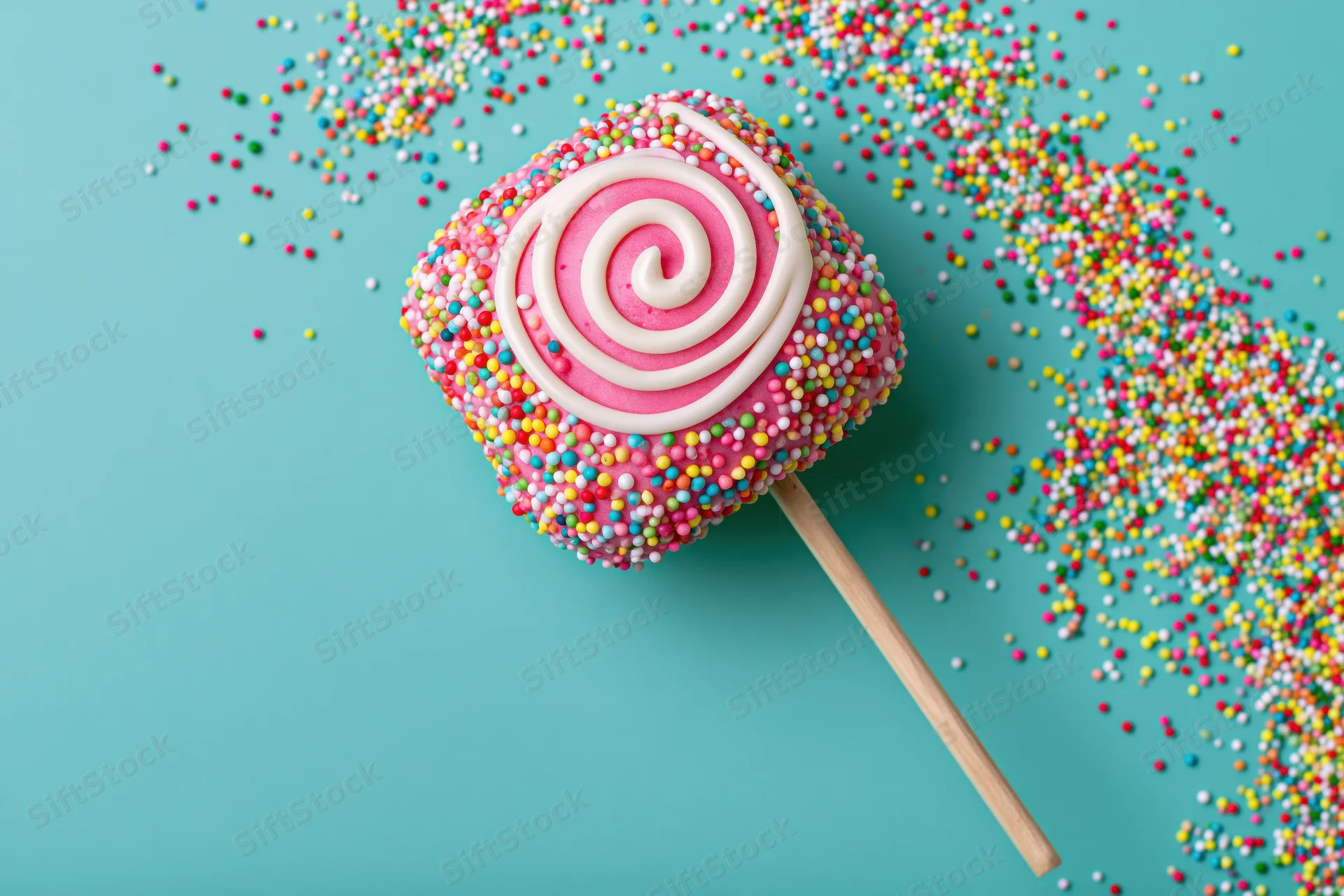 Pink-glazed cake pop with colorful sprinkles on wooden stick against turquoise background