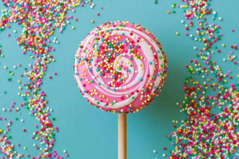 Pink-glazed cake pop with colorful sprinkles on wooden stick against blue background