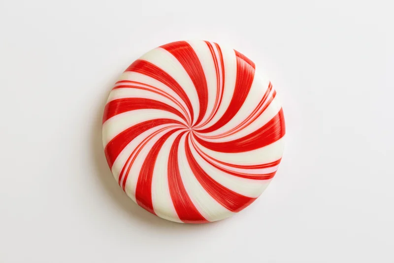 Round peppermint candy disc with red and white swirls on white background
