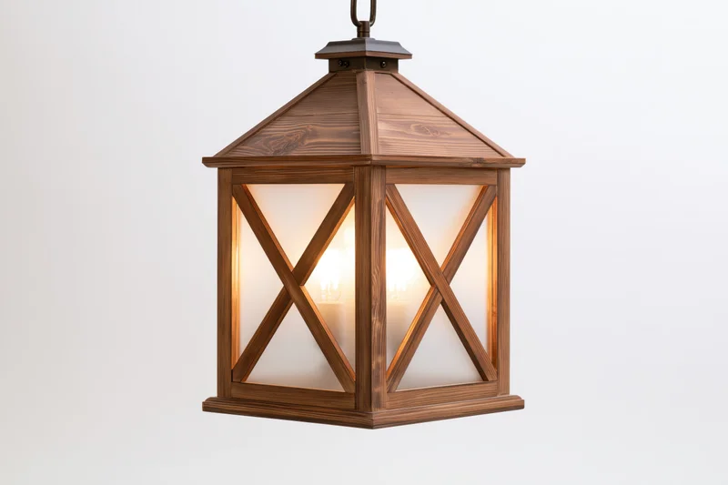 Rustic wooden lantern with x-cross glass panels hanging against white background