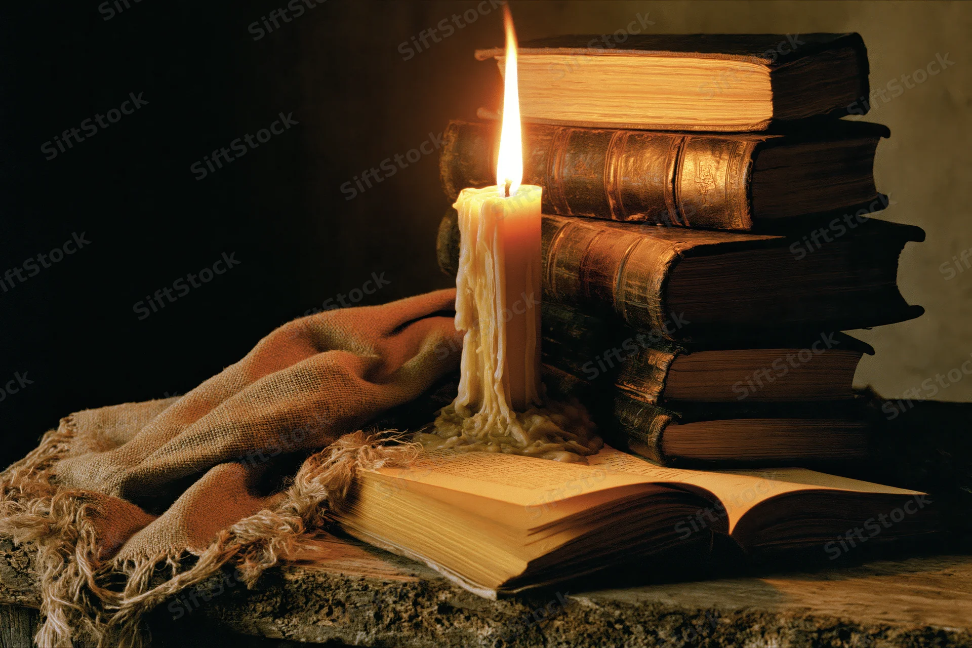 Lit candle beside a stack of old books on a stone table with burlap cloth