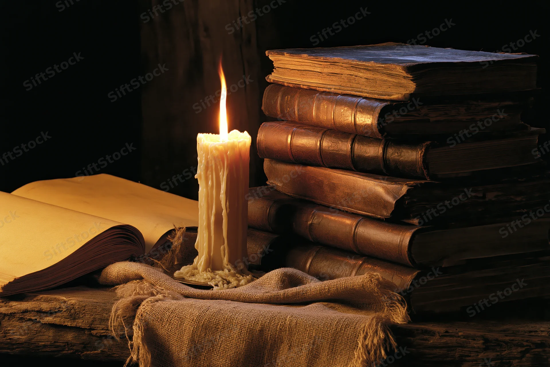 Burning candle beside a stack of old leatherbound books on a wooden table with burlap cloth
