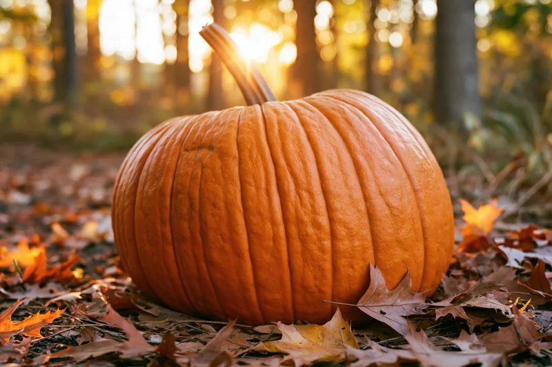 Large orange pumpkin resting on dry fallen leaves in a sunlit forest during autumn