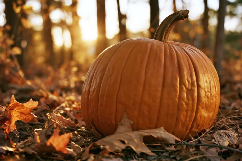 Large orange pumpkin resting on dry fallen leaves in a sunlit forest during autumn