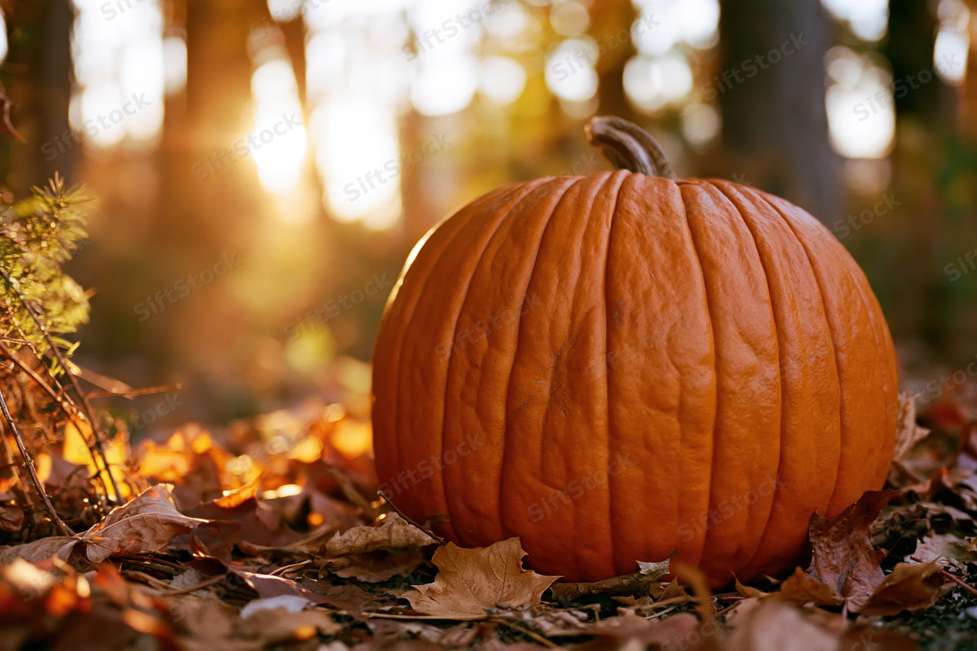 Large orange pumpkin resting on dry fallen leaves in a sunlit forest during autumn