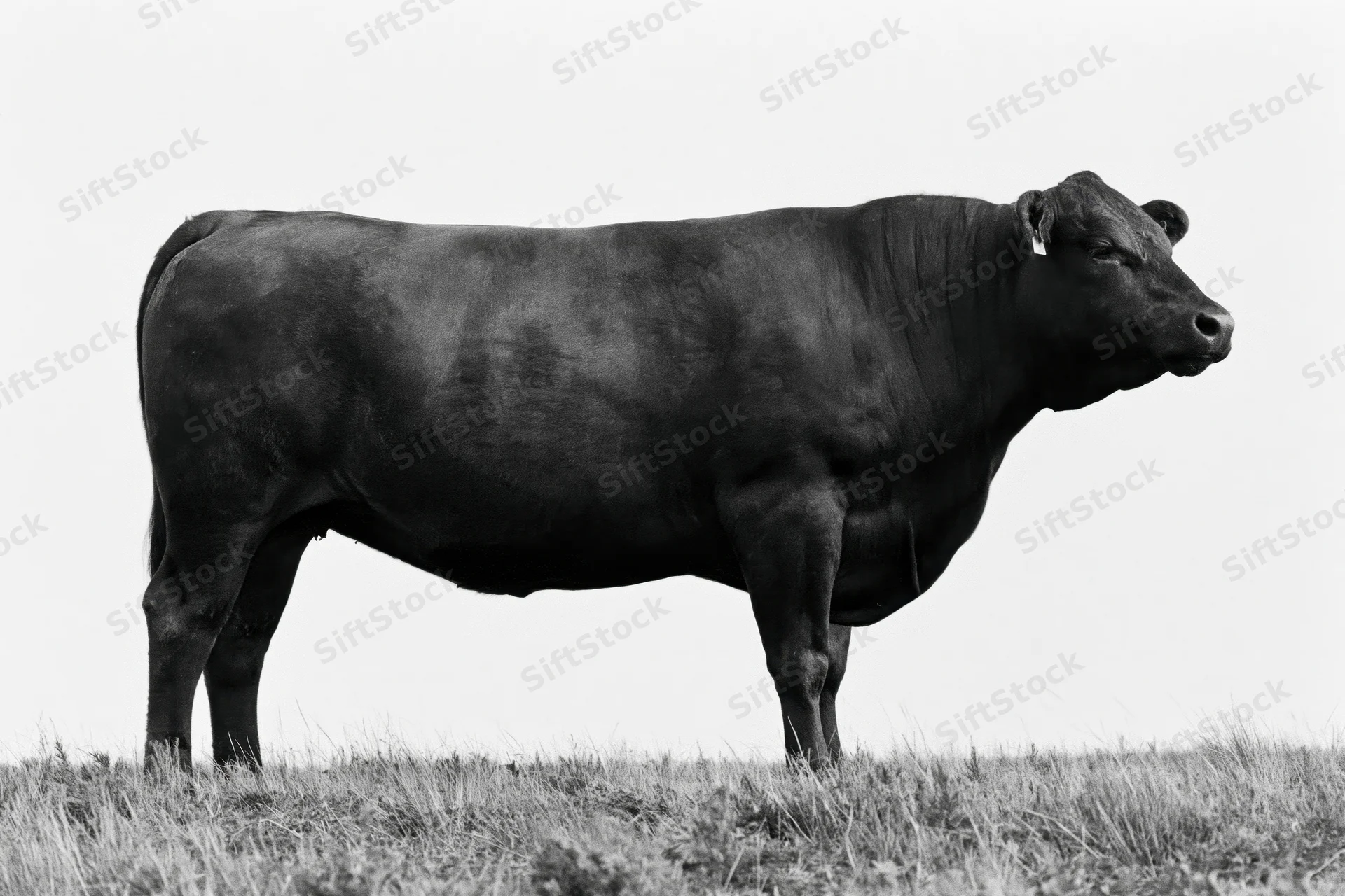 Mature cow standing in profile on a grassy field under open sky