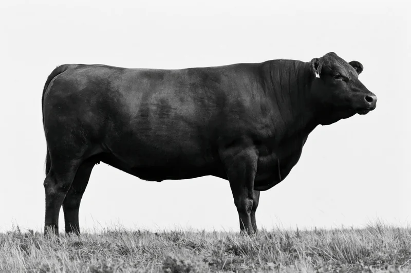Mature cow standing in profile on a grassy field under open sky