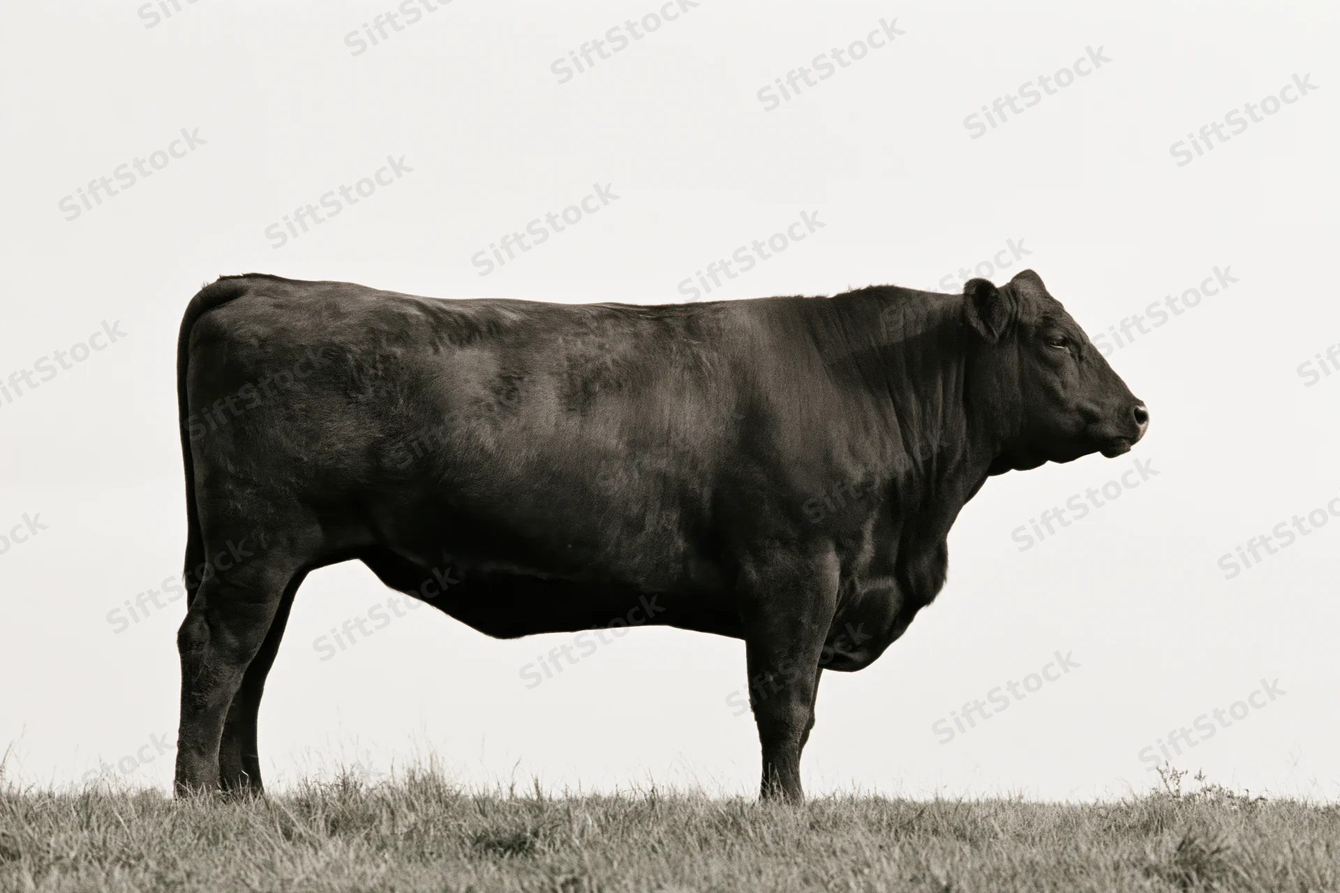 Mature cow standing in profile on a grassy field