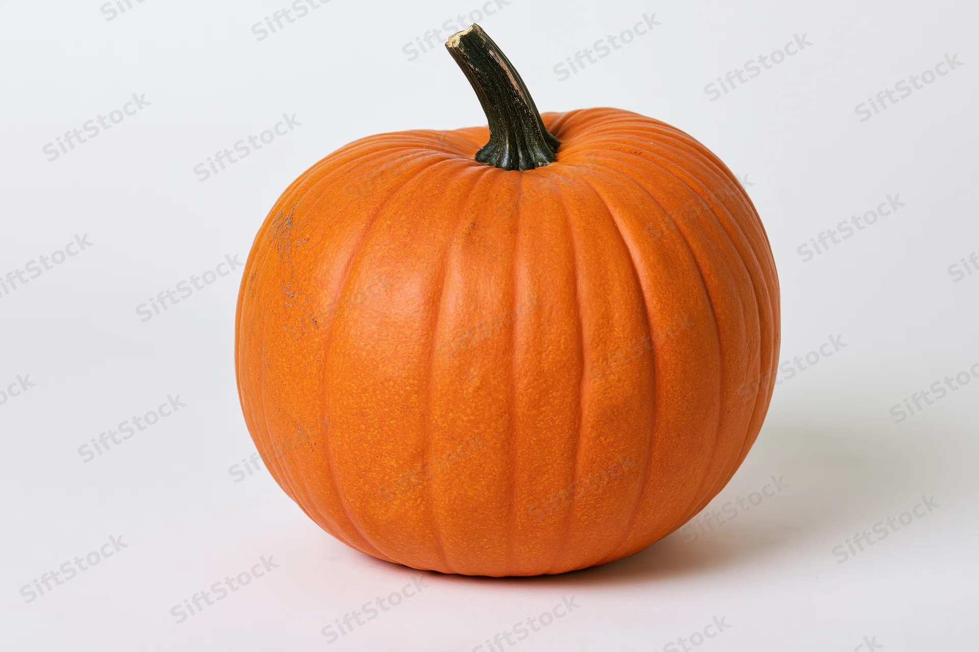 Ripe orange pumpkin with short dark green stem on white background
