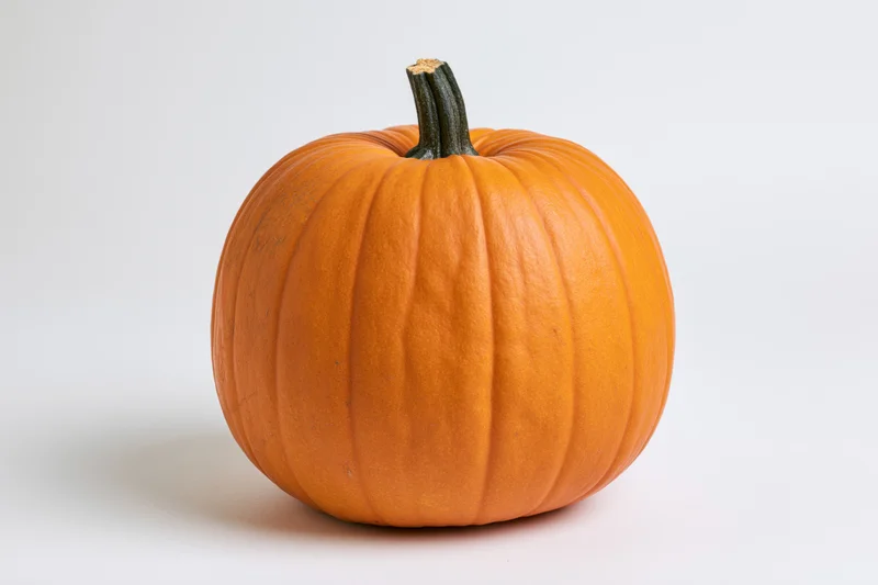 Ripe orange pumpkin with short dark green stem on white background
