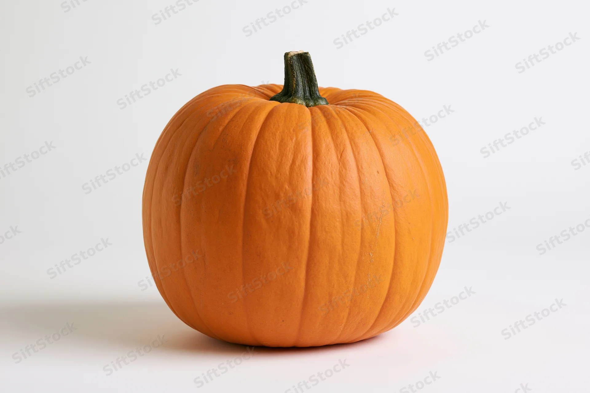 Ripe orange pumpkin with short dark green stem on white background