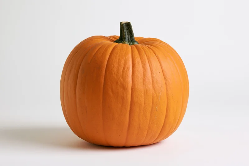 Ripe orange pumpkin with short dark green stem on white background