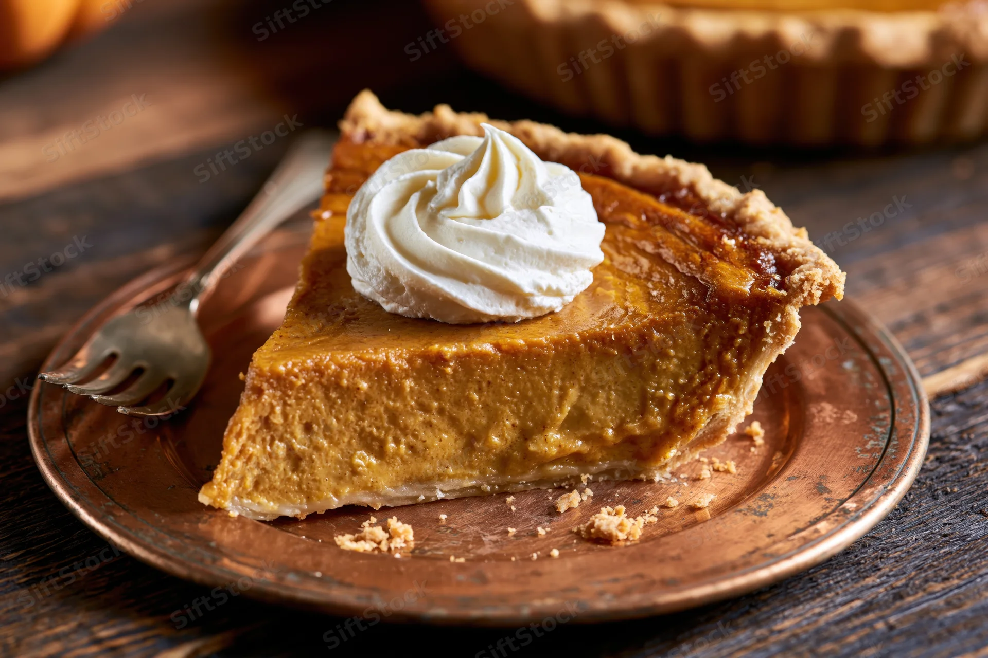 Slice of pumpkin pie with whipped cream on a copper plate on wooden table
