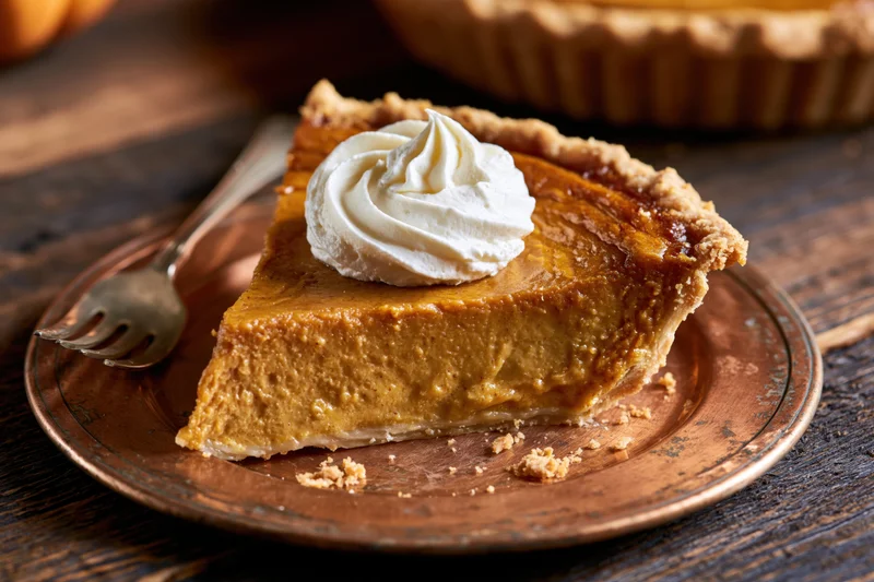 Slice of pumpkin pie with whipped cream on a copper plate on wooden table