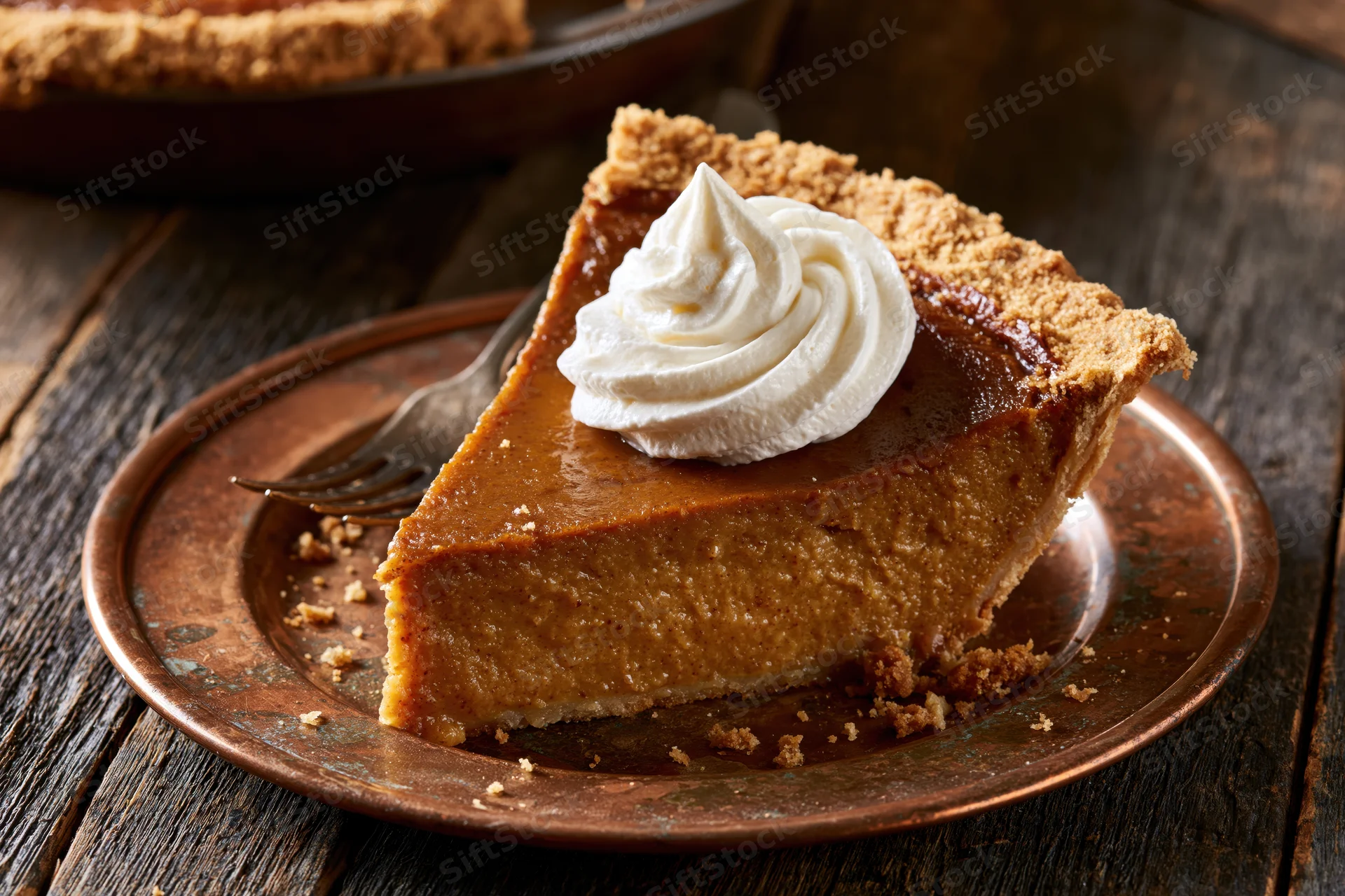 Slice of pumpkin pie with whipped cream on a copper plate on dark wooden table