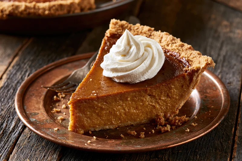Slice of pumpkin pie with whipped cream on a copper plate on dark wooden table