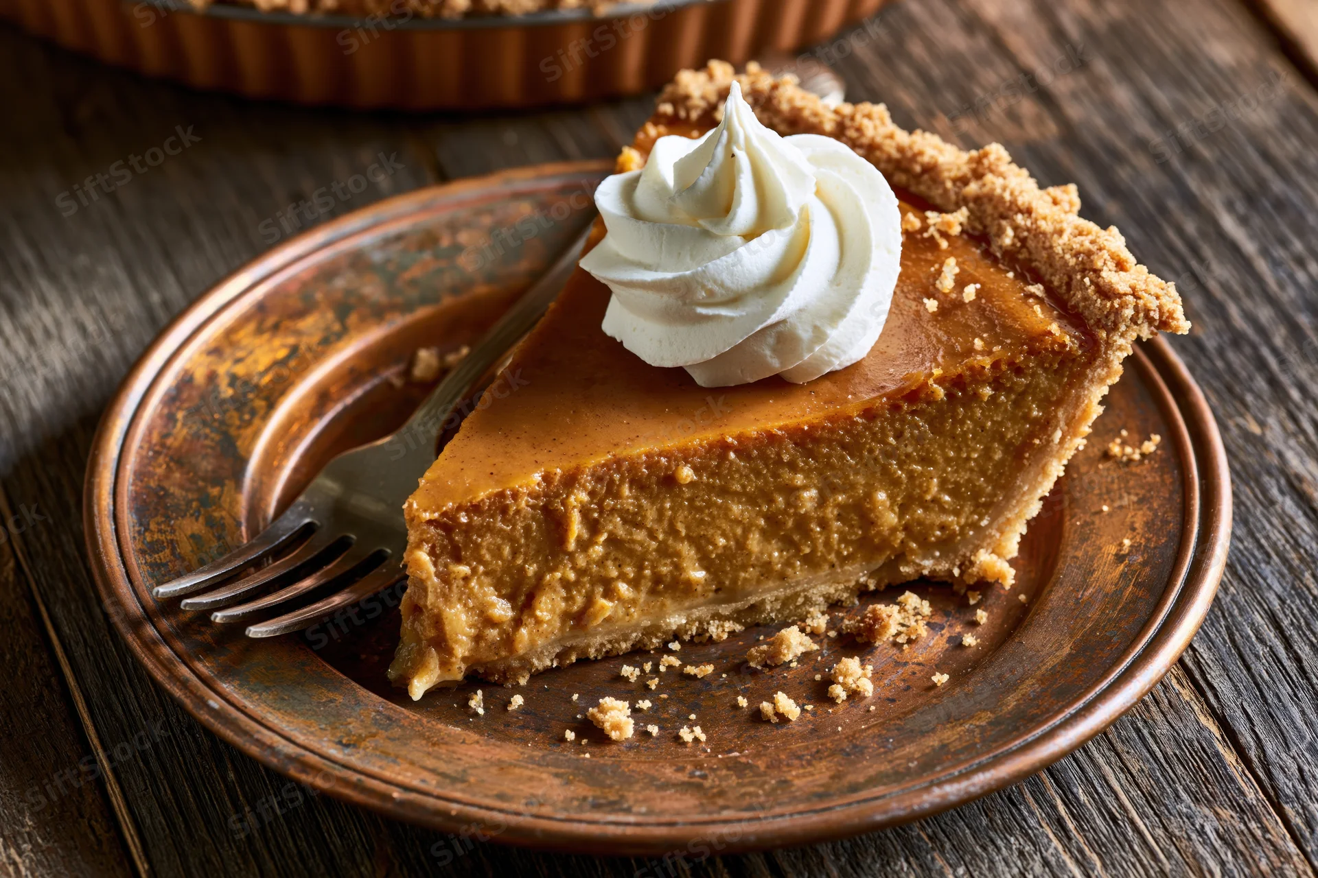 Slice of pumpkin pie with whipped cream on a copper plate on wooden table