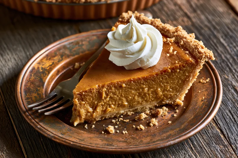 Slice of pumpkin pie with whipped cream on a copper plate on wooden table