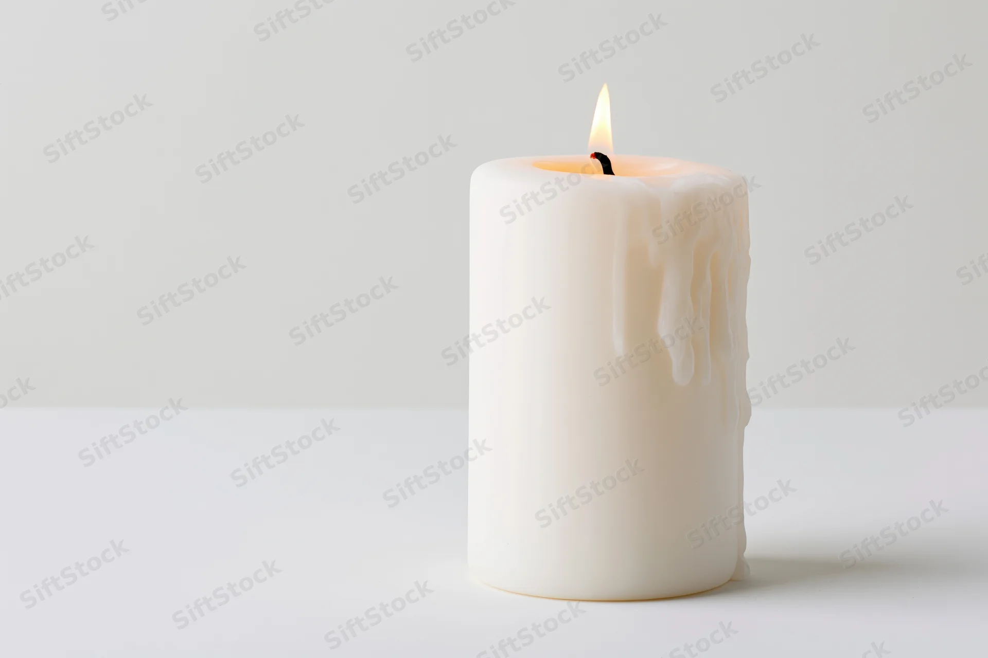 White pillar candle burning with a steady flame on a plain white surface