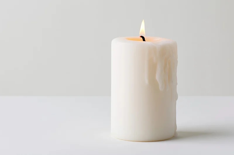 White pillar candle burning with a steady flame on a plain white surface